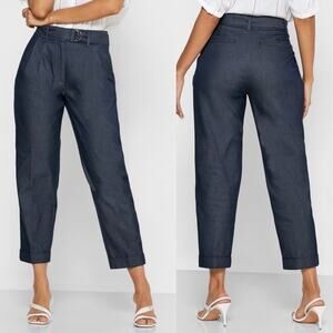 NWT Reiss Cassie Belted Denim Trousers Pants Dark Blue Cropped US 2 UK 6